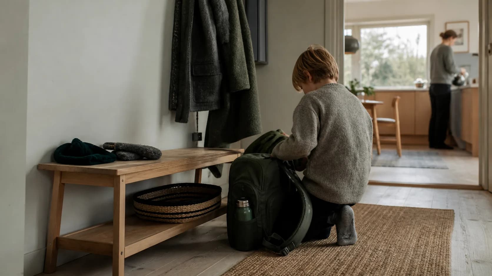 Koululainen pakkaa itsenäisesti reppuaan rauhallisessa suomalaisessa kodissa aikuisen ollessa taustalla.