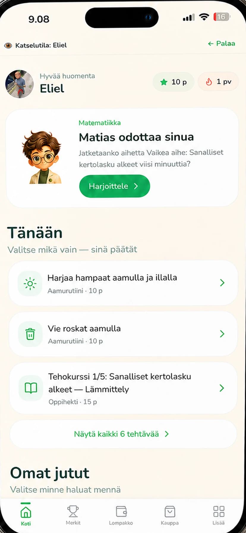 Taimin lapsen etusivu: päivän tehtävät, oma AI-opettaja ja ansaitut pisteet yhdessä näkymässä.