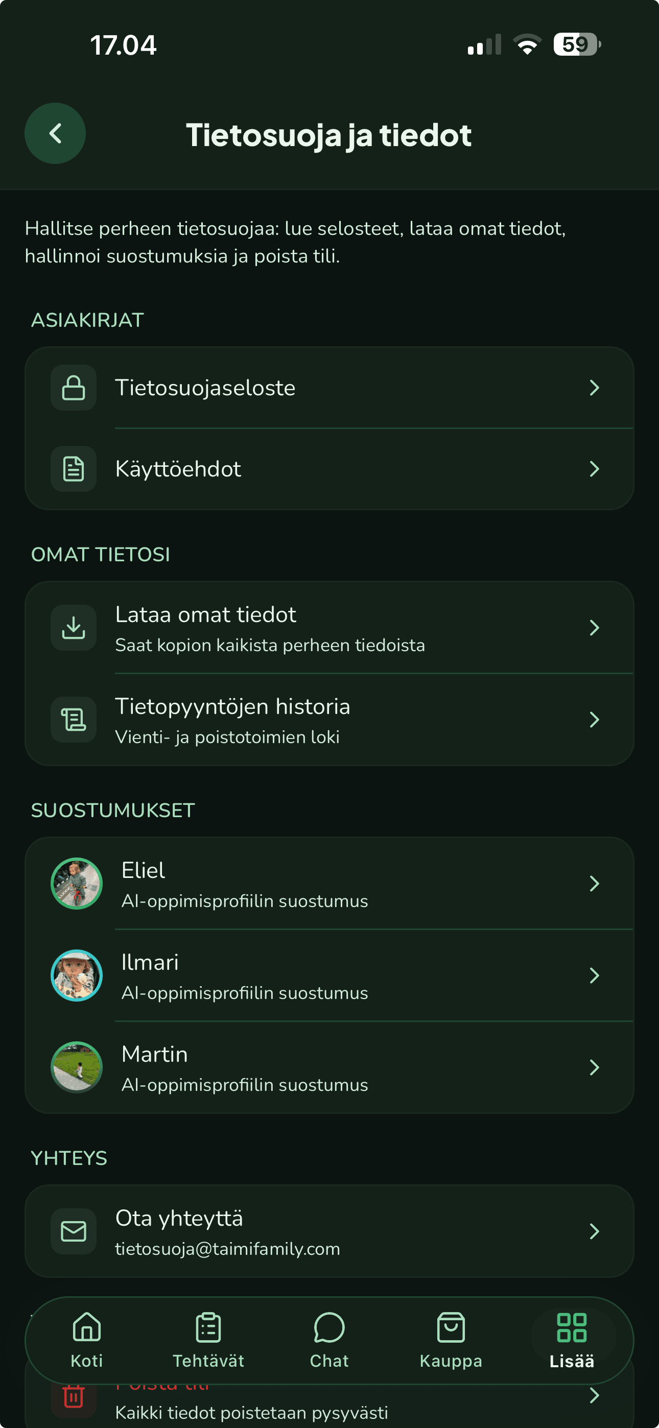 Taimin tietosuoja- ja tiedot -näkymä, jossa perheen asiakirjat, omat tiedot ja suostumukset ovat hallittavissa.